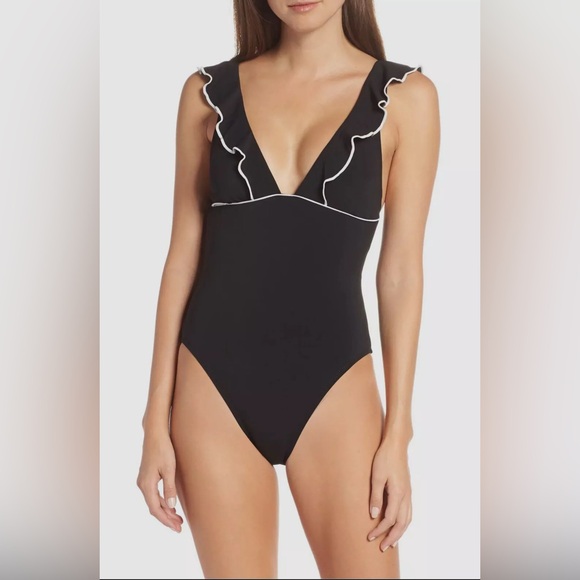 Robin Piccone Other - Robin Piccone Women's Black Malia Ruffle Plunge One-Piece Swimsuit Size 10